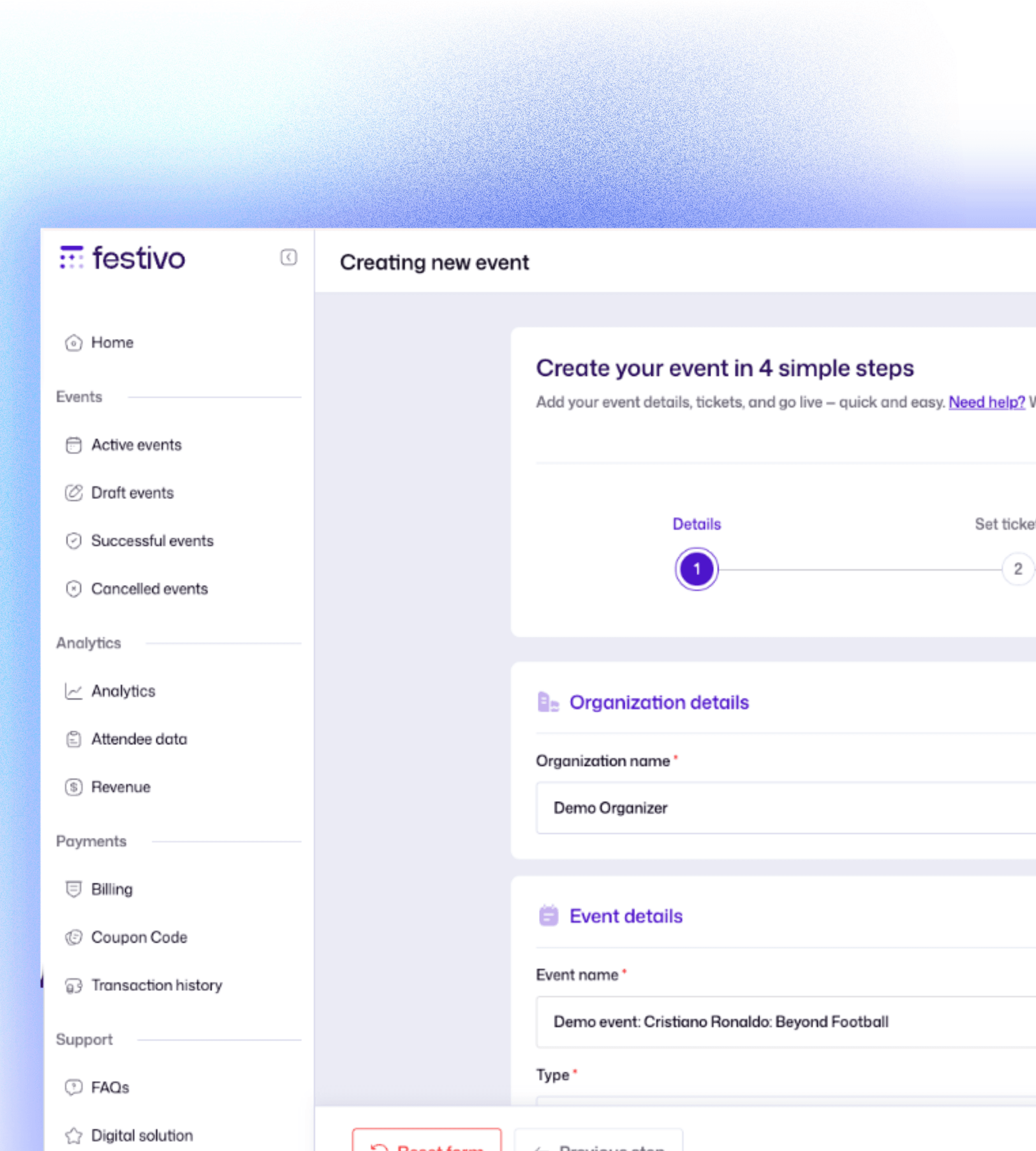 Festivo event creation screen with event details, date, venue, and publishing fields.