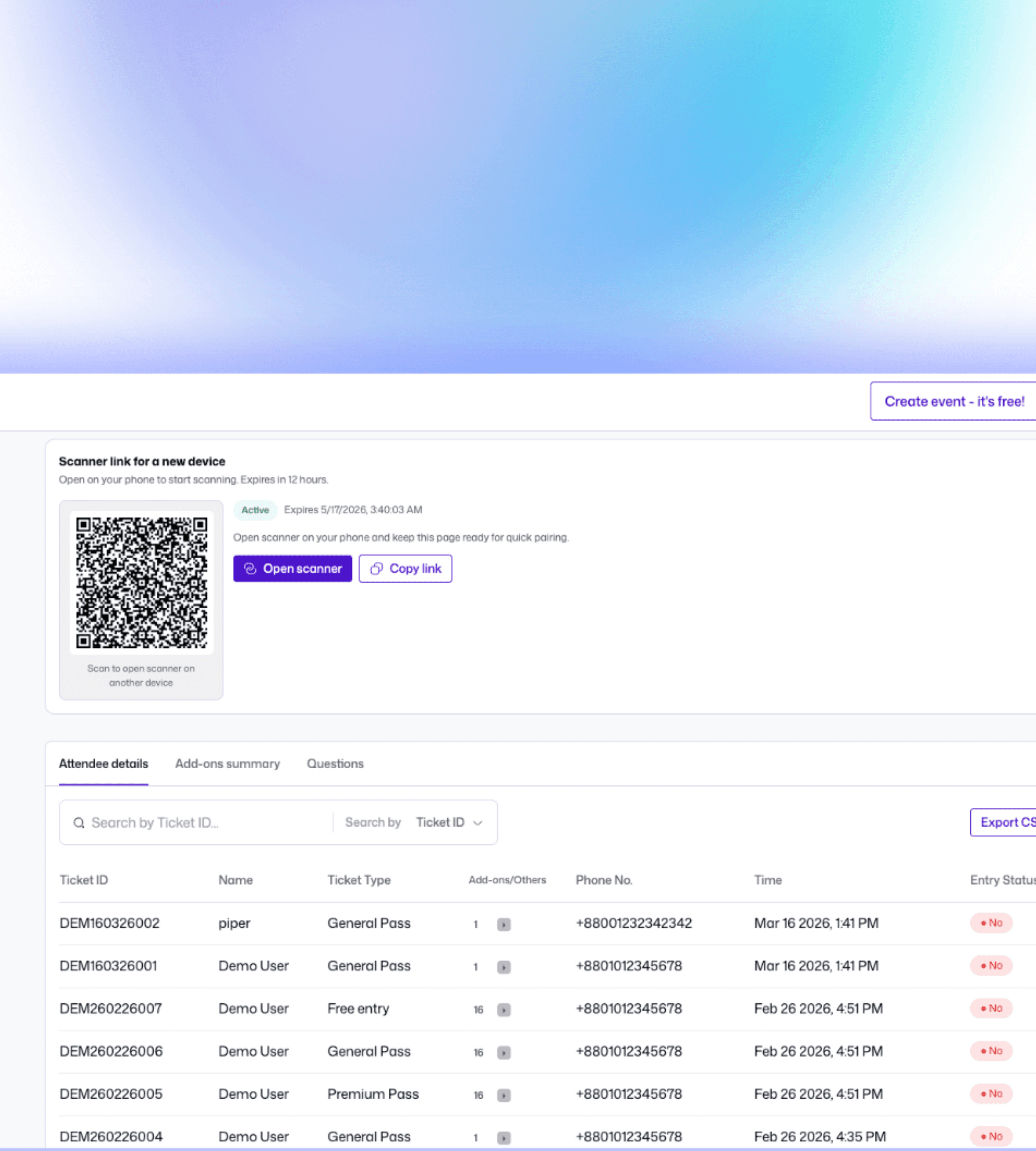 Festivo dashboard interface used by organizers to manage event operations and attendee workflows.