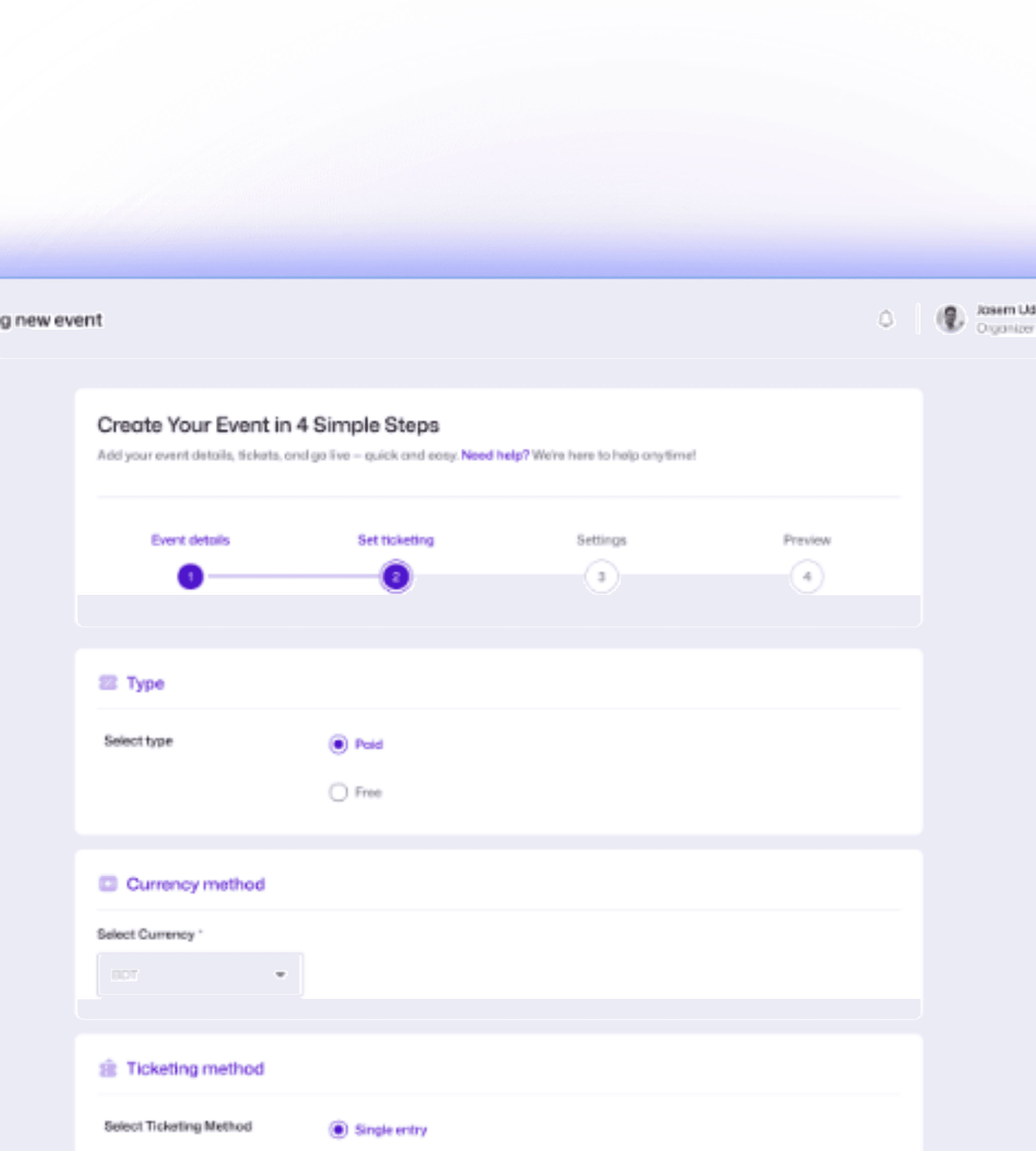 Festivo setup workflow showing ticketing and event configuration controls.